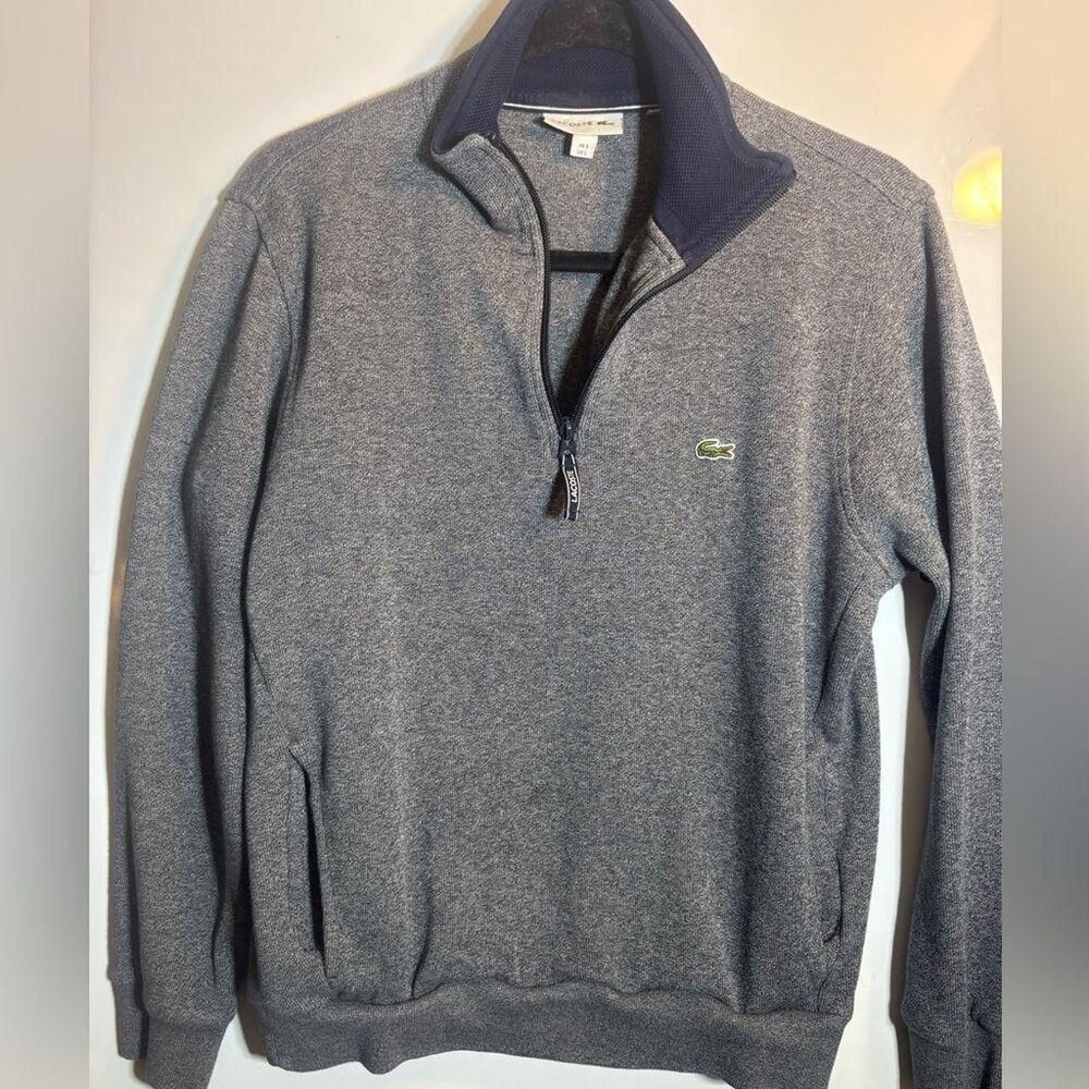 Lacoste Men's 1/4 Zip Cotton Pullover Sweater Gray Blue Size L